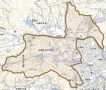 本渡町本戸馬場とその周辺の地図。町の範囲を重ねている