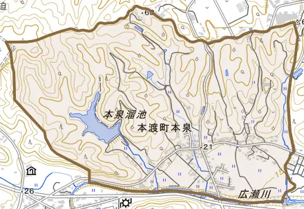 本渡町本泉とその周辺の地図。町の範囲を重ねている