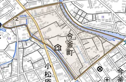 今釜町とその周辺の地図。町の範囲を重ねている