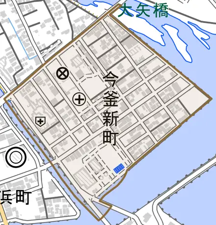 今釜新町とその周辺の地図。町の範囲を重ねている