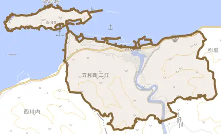 五和町二江とその周辺の地図。町の範囲を重ねている