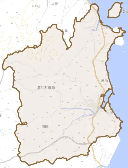 五和町御領とその周辺の地図。町の範囲を重ねている