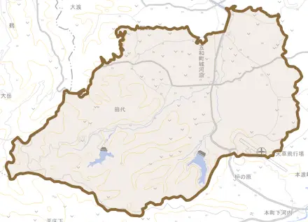 五和町城河原とその周辺の地図。町の範囲を重ねている