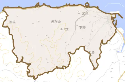 五和町鬼池とその周辺の地図。町の範囲を重ねている