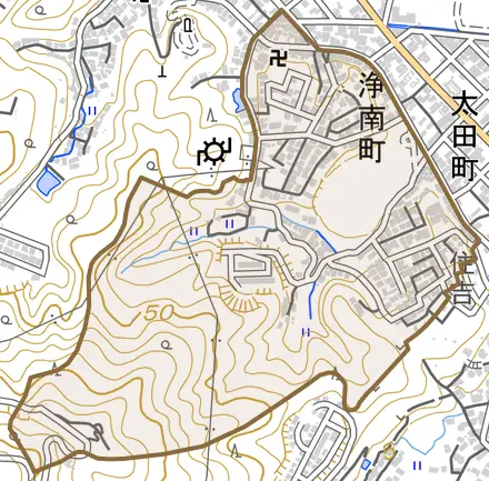 浄南町とその周辺の地図。町の範囲を重ねている