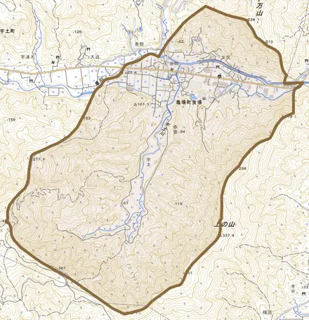 亀場町食場とその周辺の地図。町の範囲を重ねている