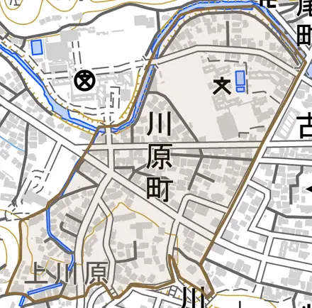 川原町とその周辺の地図。町の範囲を重ねている