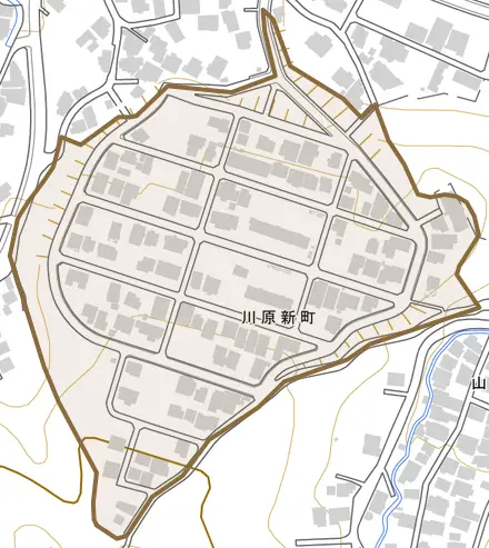 川原新町とその周辺の地図。町の範囲を重ねている