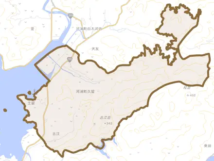 河浦町久留とその周辺の地図。町の範囲を重ねている