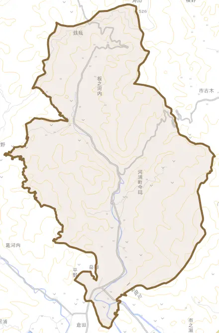 河浦町今田とその周辺の地図。町の範囲を重ねている