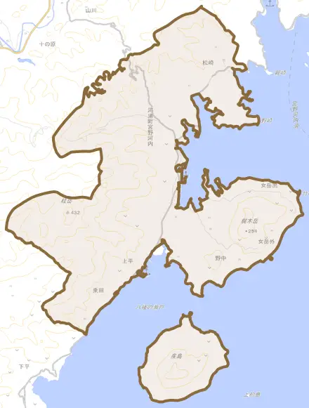 河浦町宮野河内とその周辺の地図。町の範囲を重ねている