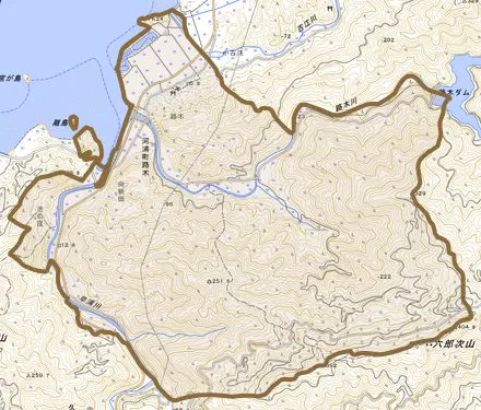 河浦町路木とその周辺の地図。町の範囲を重ねている