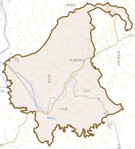 河浦町新合とその周辺の地図。町の範囲を重ねている