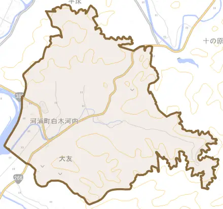 河浦町白木河内とその周辺の地図。町の範囲を重ねている