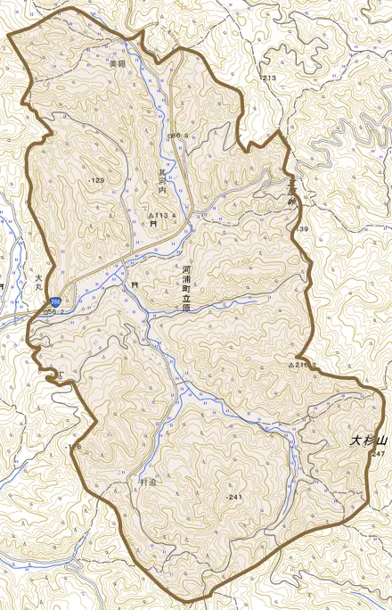 河浦町立原とその周辺の地図。町の範囲を重ねている