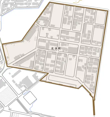 北浜町とその周辺の地図。町の範囲を重ねている