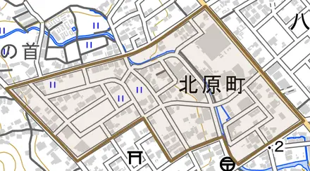 北原町とその周辺の地図。町の範囲を重ねている