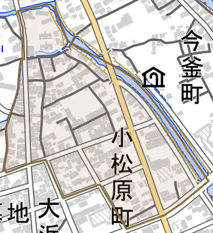 小松原町とその周辺の地図。町の範囲を重ねている
