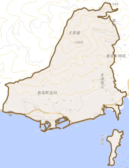 倉岳町宮田とその周辺の地図。町の範囲を重ねている