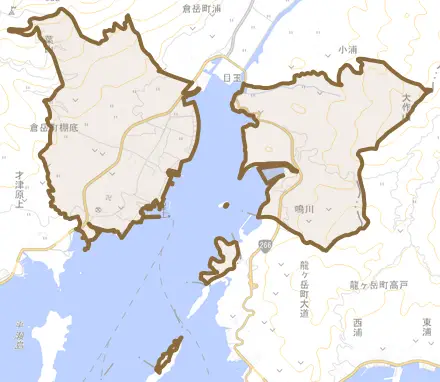 倉岳町棚底とその周辺の地図。町の範囲を重ねている