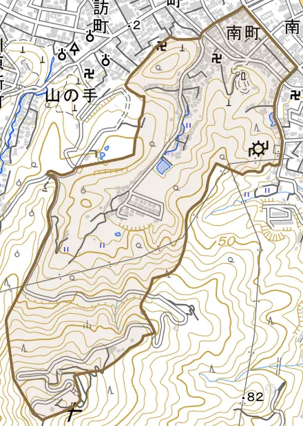 南町とその周辺の地図。町の範囲を重ねている