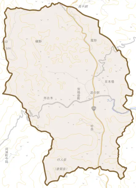 宮地岳町とその周辺の地図。町の範囲を重ねている