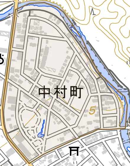中村町とその周辺の地図。町の範囲を重ねている