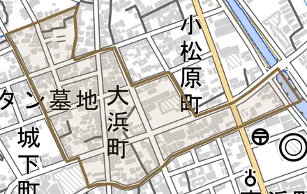 大浜町とその周辺の地図。町の範囲を重ねている
