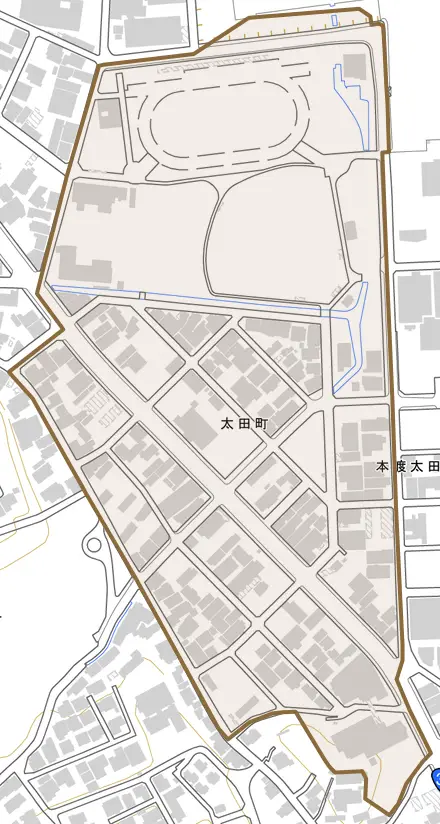太田町とその周辺の地図。町の範囲を重ねている