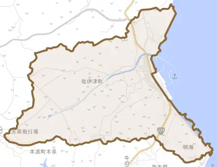 佐伊津町とその周辺の地図。町の範囲を重ねている