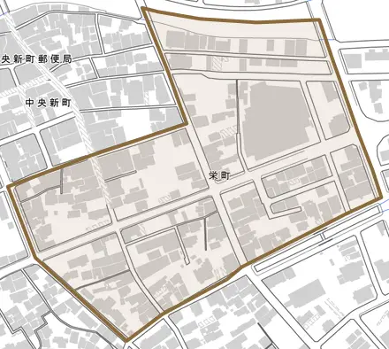 栄町とその周辺の地図。町の範囲を重ねている
