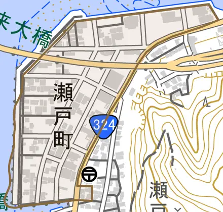 瀬戸町とその周辺の地図。町の範囲を重ねている