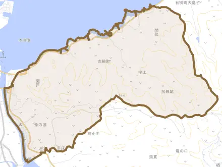 志柿町とその周辺の地図。町の範囲を重ねている
