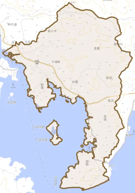 下浦町とその周辺の地図。町の範囲を重ねている