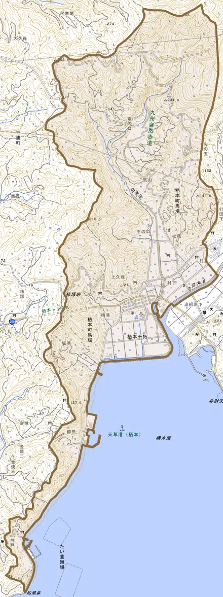 栖本町馬場とその周辺の地図。町の範囲を重ねている