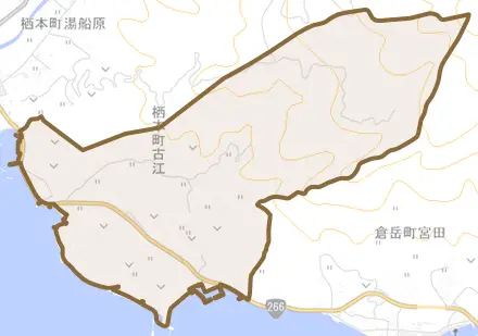 栖本町古江とその周辺の地図。町の範囲を重ねている