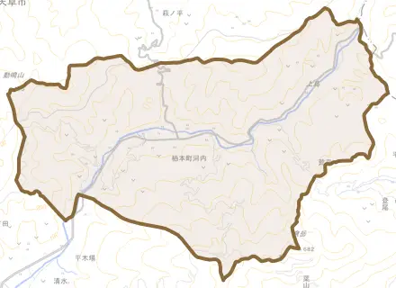 栖本町河内とその周辺の地図。町の範囲を重ねている