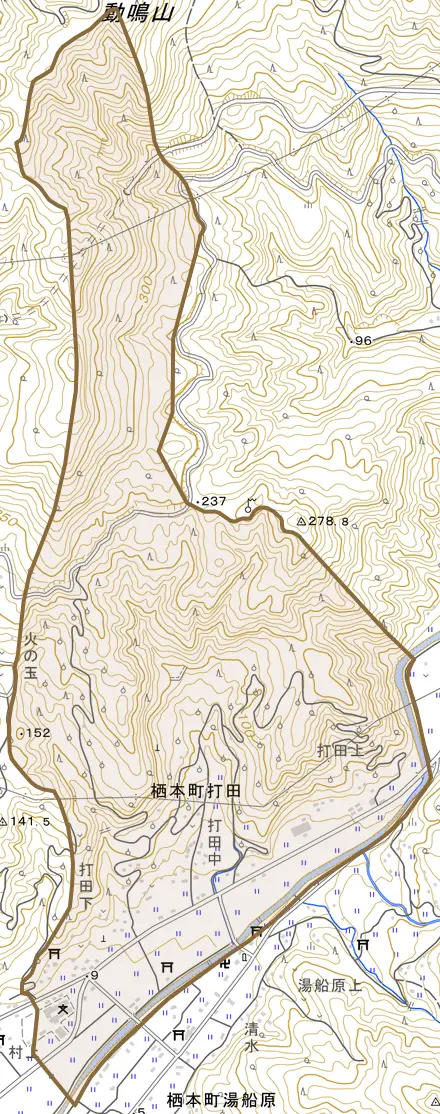 栖本町打田とその周辺の地図。町の範囲を重ねている