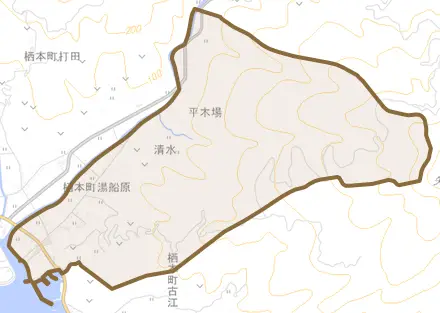 栖本町湯船原とその周辺の地図。町の範囲を重ねている