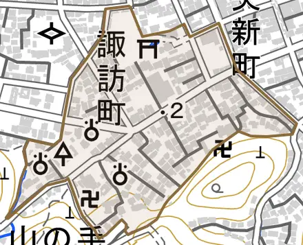 諏訪町とその周辺の地図。町の範囲を重ねている