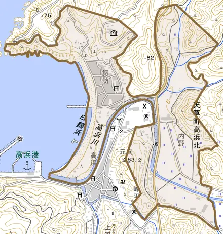 天草町高浜北とその周辺の地図。町の範囲を重ねている