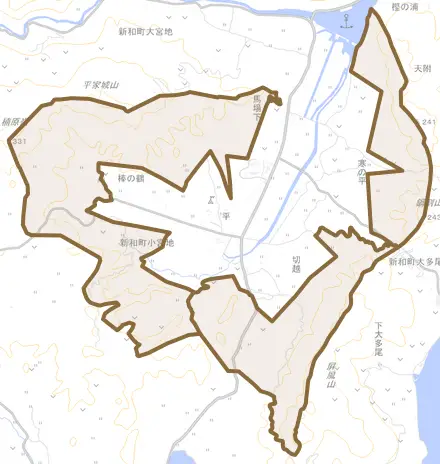 新和町小宮地とその周辺の地図。町の範囲を重ねている