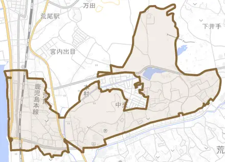 荒尾とその周辺の地図。町の範囲を重ねている