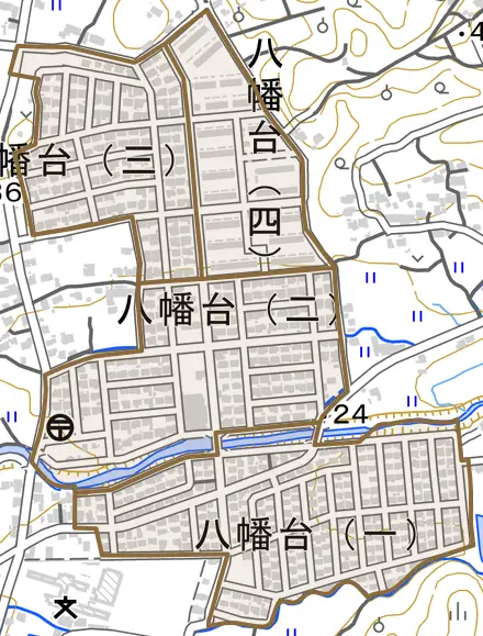 八幡台とその周辺の地図。町の範囲を重ねている