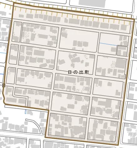 日の出町とその周辺の地図。町の範囲を重ねている
