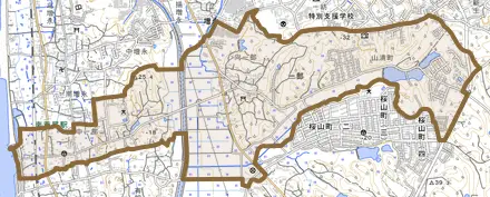 一部とその周辺の地図。町の範囲を重ねている