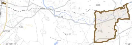 上井手とその周辺の地図。町の範囲を重ねている