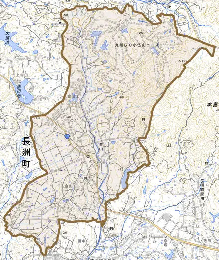 金山とその周辺の地図。町の範囲を重ねている