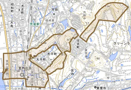 宮内出目とその周辺の地図。町の範囲を重ねている