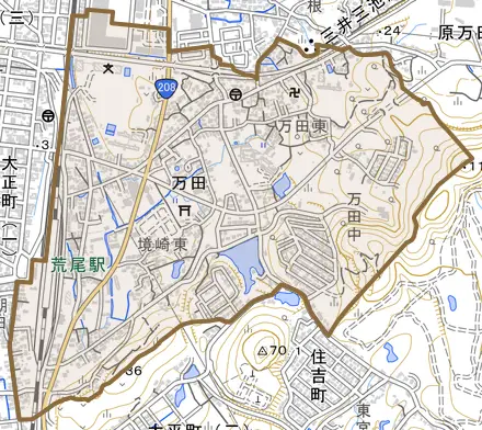 万田とその周辺の地図。町の範囲を重ねている
